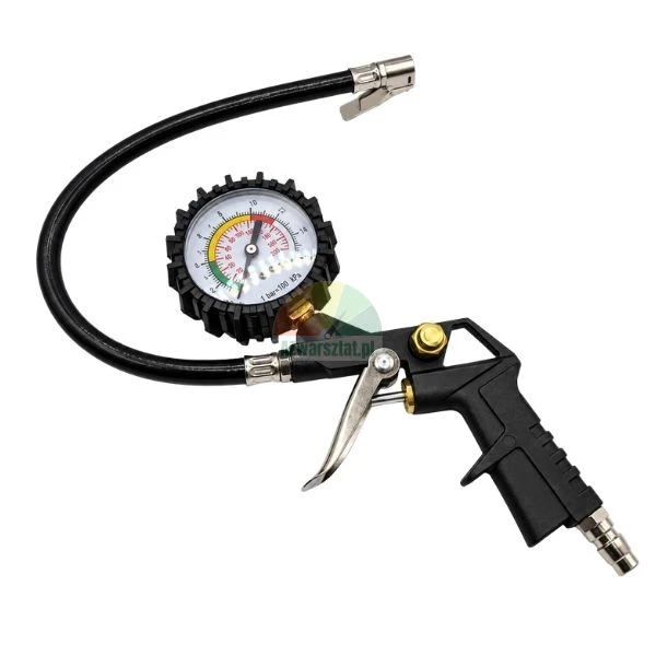 Tyre inflator gun with 0-16 bar pressure gauge and flexible hose