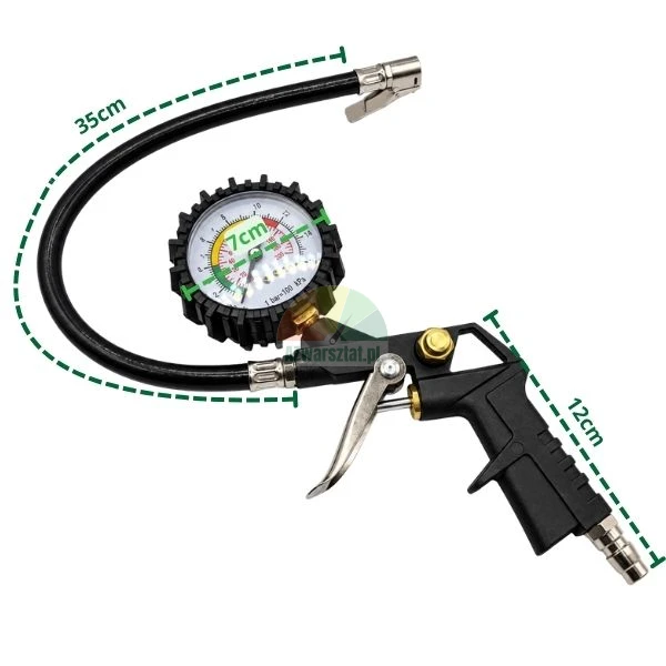 Tyre inflator gun 0-16 bar with pressure gauge and dimensions