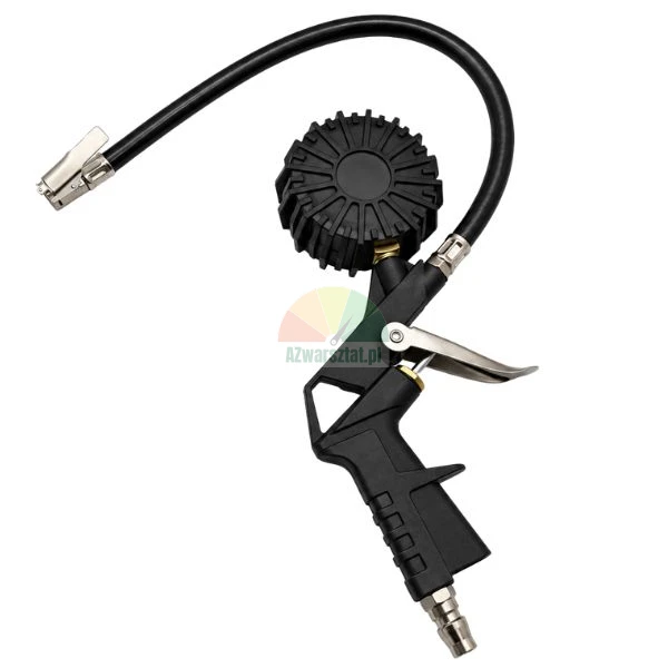 Pneumatic tire inflator gun with pressure gauge and flexible hose