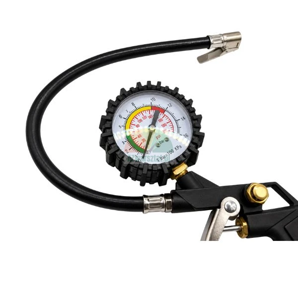 Tire inflator gun with pressure gauge and flexible hose