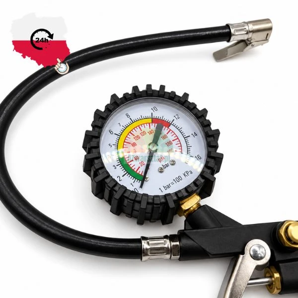 Tire inflator gun with analog pressure gauge and flexible hose