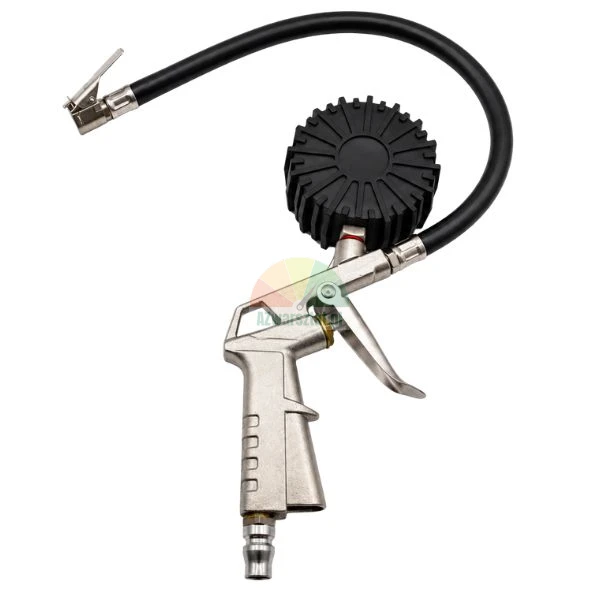 Tire inflator gun with pressure gauge and flexible hose