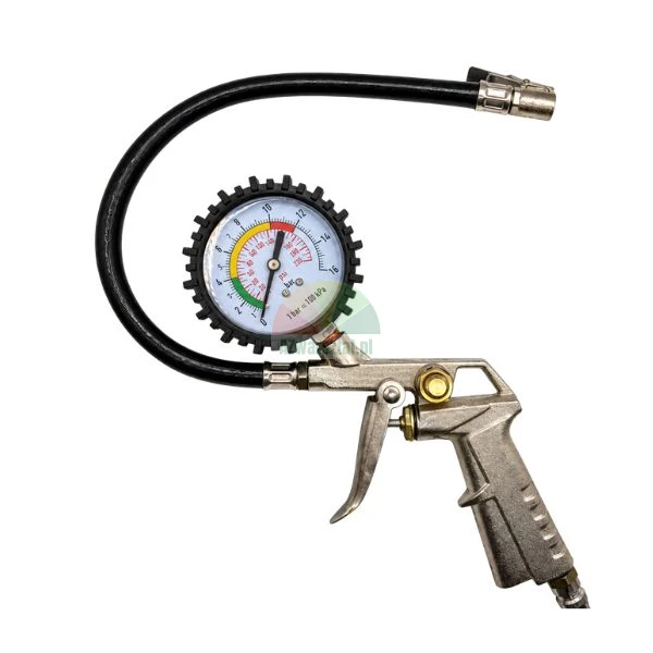 Tire inflator gun with analog pressure gauge and flexible hose on white background
