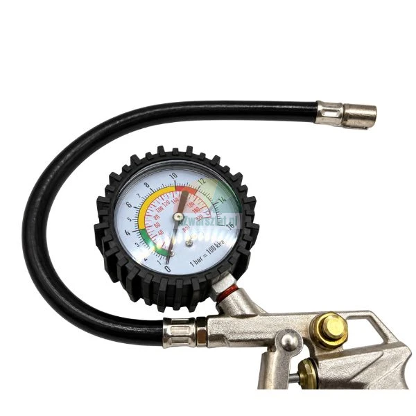 Tire inflator gun with analog pressure gauge and flexible hose on white background