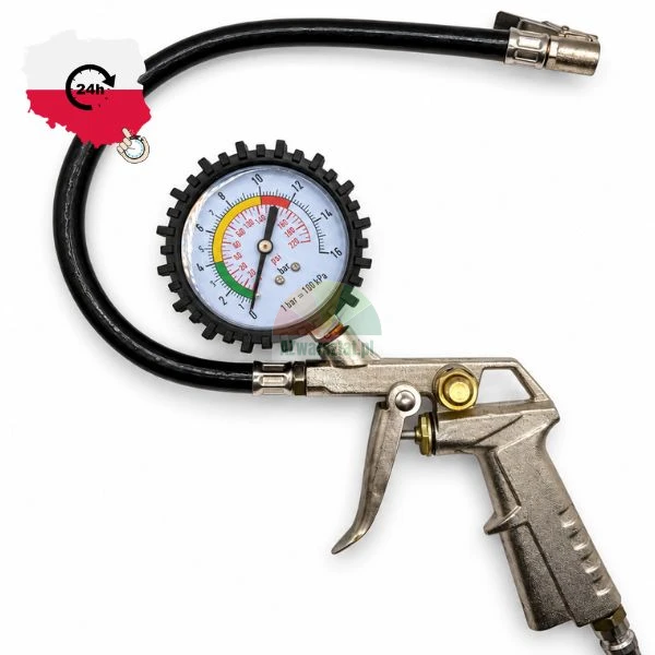 Tire inflator gun with pressure gauge and flexible hose