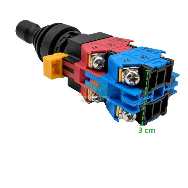 Industrial joystick switch with modular red and blue contact blocks, 3 cm dimension marked, on a white background.