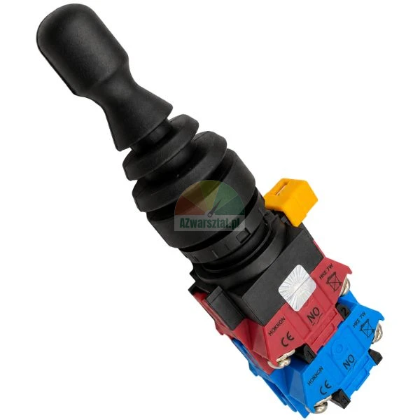 Industrial joystick switch with black rubber boot and contact blocks on white background