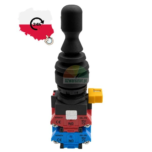 Industrial joystick switch with rubber boot and contact blocks on a white background