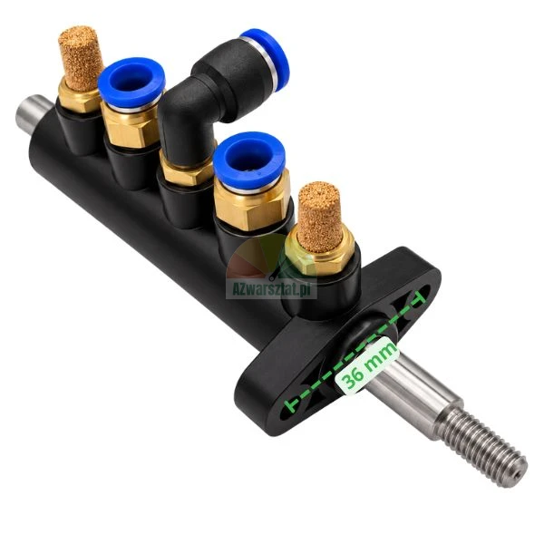 Pneumatic valve manifold block with push-in fittings, silencers and 36 mm mounting hole distance