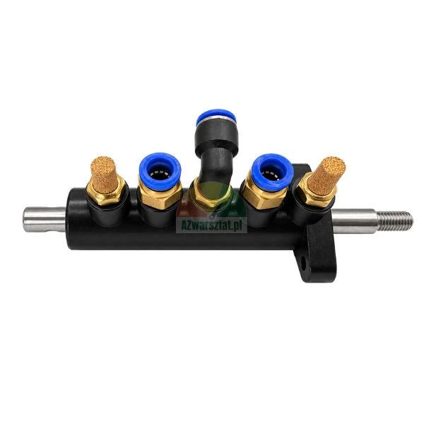 Pneumatic control valve for tire changer machine with quick fittings and bronze silencers on white background
