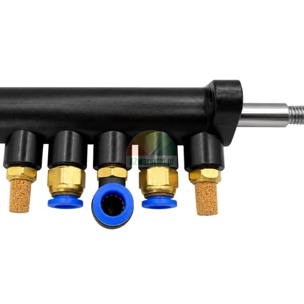 Close-up of a black pneumatic cylinder with push-in fittings and sintered bronze silencers