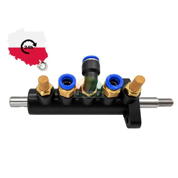 Pneumatic foot pedal control valve for tyre changer with push-in fittings and silencers.