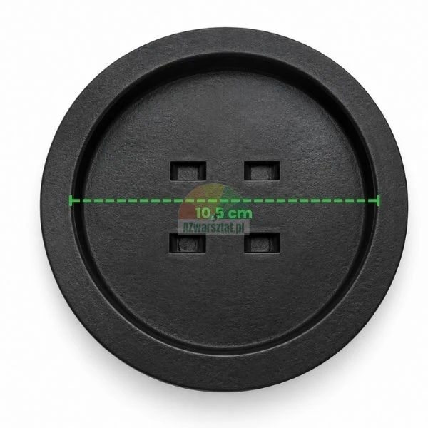 Black round base with mounting holes measuring 10.5 cm in diameter on a white background.