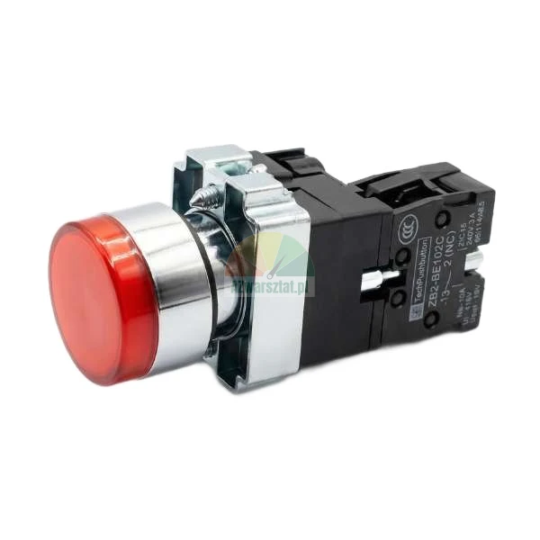 Red illuminated push button switch for lifts with metal bezel and 1 NC contact block