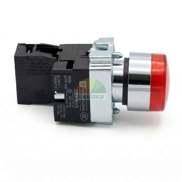 Red industrial indicator light or illuminated push button switch ZB2-BV6 with chrome bezel on white background.