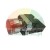 Red illuminated push button switch with chrome bezel and mounting block on a white background