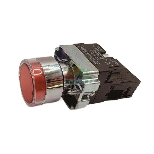 Red illuminated push button switch with chrome bezel and mounting block on a white background