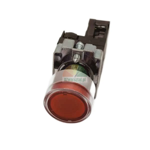 Red illuminated industrial push button switch with metal bezel and mounting block on white background