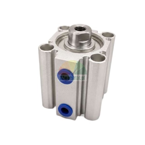 Compact pneumatic cylinder with metal piston rod and blue ports for releasing safety locks.