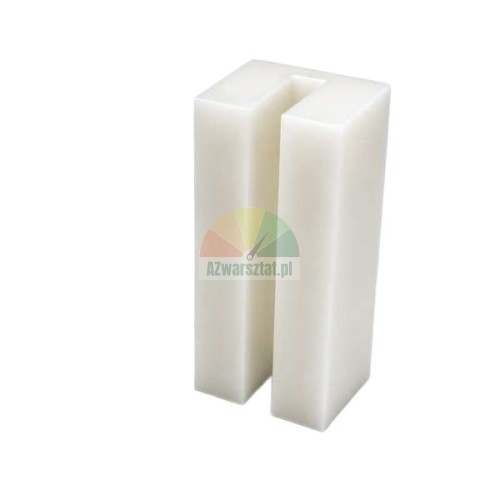 White plastic car lift sliding block measuring 7cm x 3cm x 3cm with a longitudinal groove on a white background