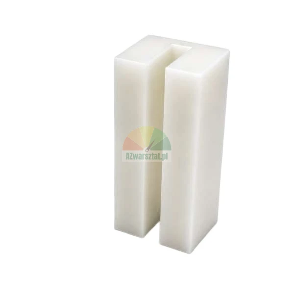 White plastic car lift sliding block measuring 7cm x 3cm x 3cm with a longitudinal groove on a white background