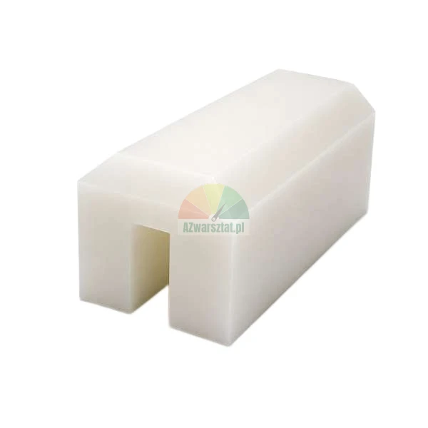 White plastic guide block with groove for chain or conveyor systems on a white background