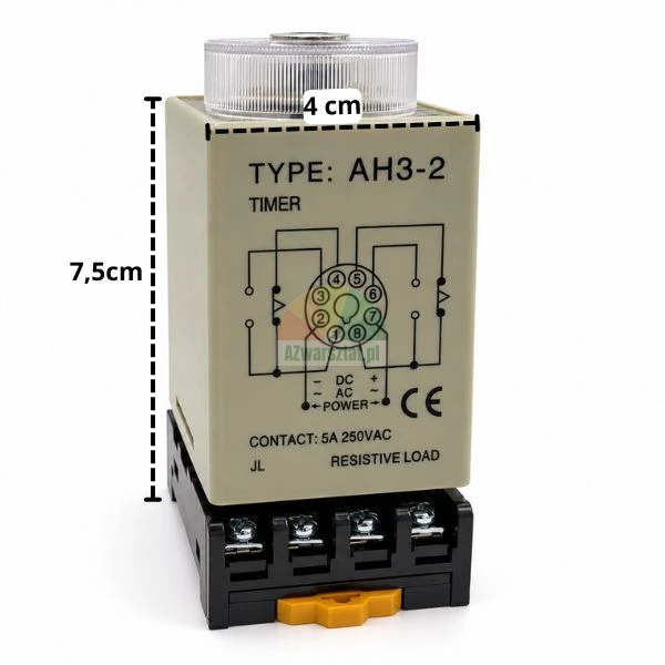 AH3-2 timer relay with DIN rail socket and dimensions