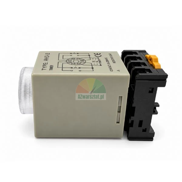 AH3-2 time relay with DIN rail mounting socket, side view showing wiring diagram on the casing.