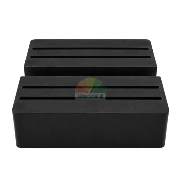 Two black rubber jack pads with parallel slots for car lifts on a white background.