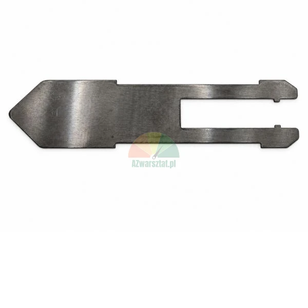 Flat metal blade component with a pointed tip and slotted end on a white background