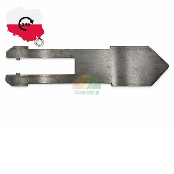 Flat steel mounting part or tool key with a slotted fork end and pointed tip on a white background