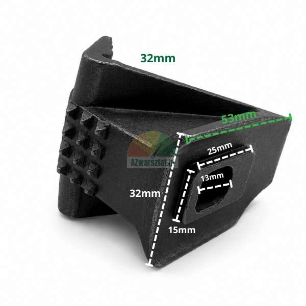 Black metal tyre changer clamping jaw with marked technical dimensions on a white background