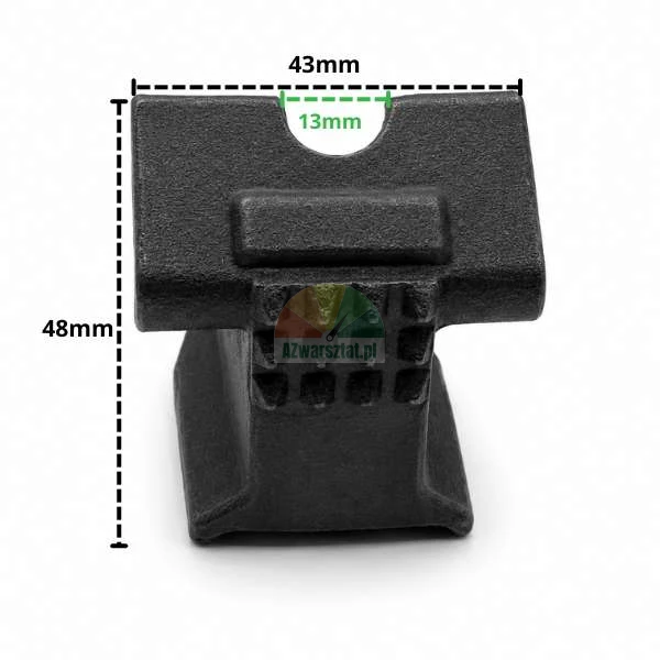 Black cast iron clamping block with dimensions: height 48 mm, width 43 mm, cutout 13 mm, featuring a textured grip surface