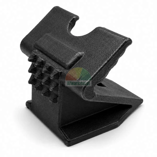 Black cast iron beam clamp with gripping teeth for structural steel on white background