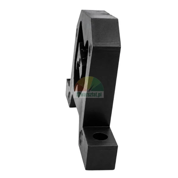 Side view of a black plastic mounting bracket with holes on a white background