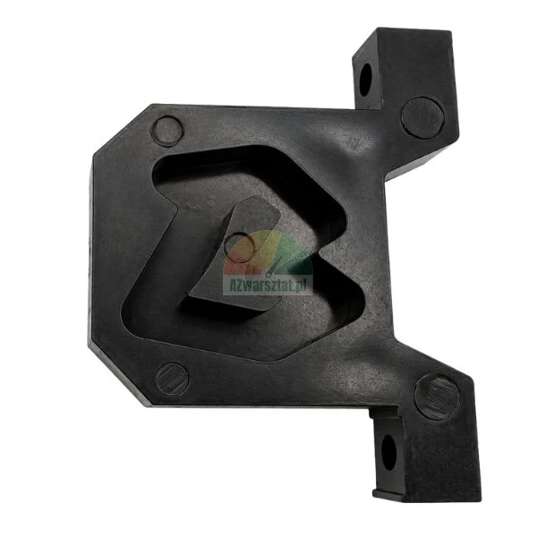 Black plastic technical component with inner cavity and mounting holes on a white background.