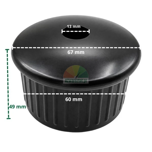 Black plastic roller cap with dimensions 67 mm, 60 mm, 49 mm and 13 mm hole