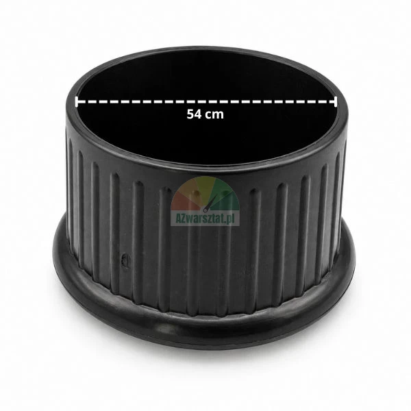 Black plastic planter insert with vertical ridges and a 54 cm diameter measurement on a white background.