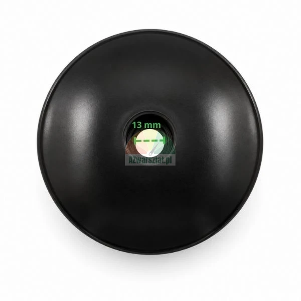 Top view of a round black metal ceiling rose canopy with a center hole diameter of 13 mm indicated by a green marker on a white background.