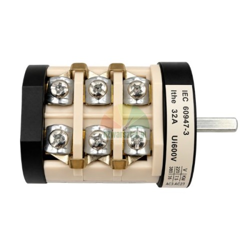 Rotary cam switch 220V/380V 32A 1-speed with visible screw terminals on white body