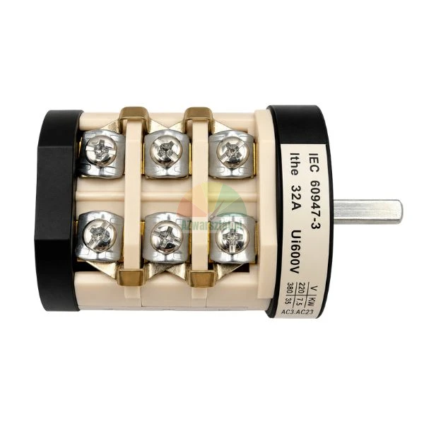 Rotary cam switch 220V/380V 32A 1-speed with visible screw terminals on white body
