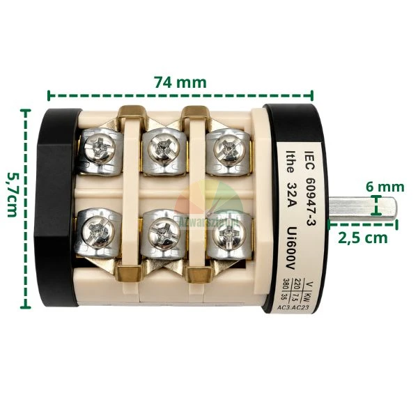 White rotary cam switch 220V/380V 32A with technical dimensions shown