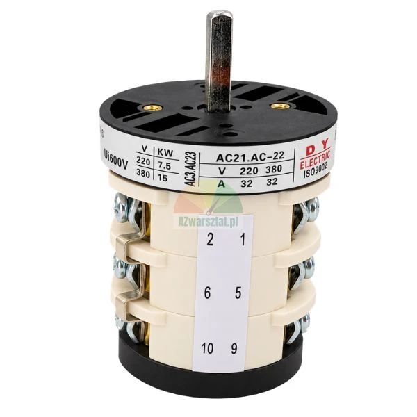Industrial rotary cam switch with metal shaft and screw terminals on white background