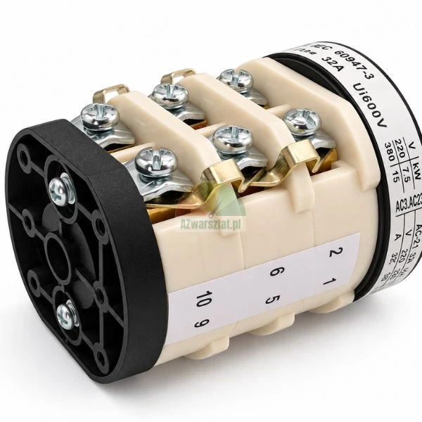 Rotary cam switch 32A with visible screw terminals and technical rating label