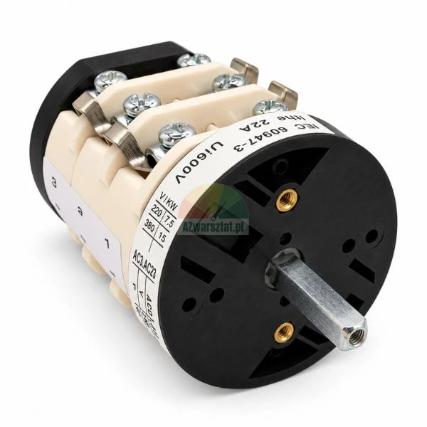 Industrial rotary cam switch with metal shaft and screw terminals on white background