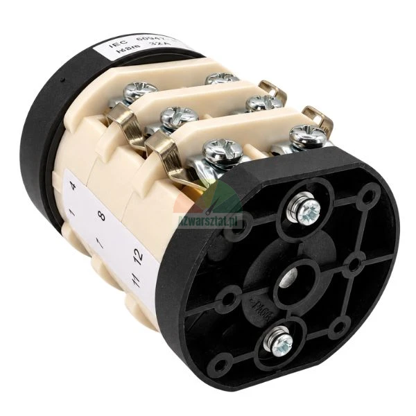 Rotary cam switch electrical component with visible screw terminals and modular casing