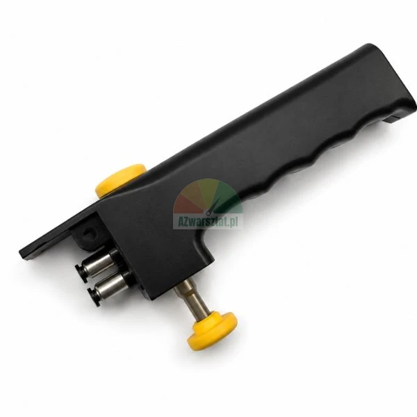 Black handheld doweling jig with ergonomic handle and yellow adjustment knobs on white background