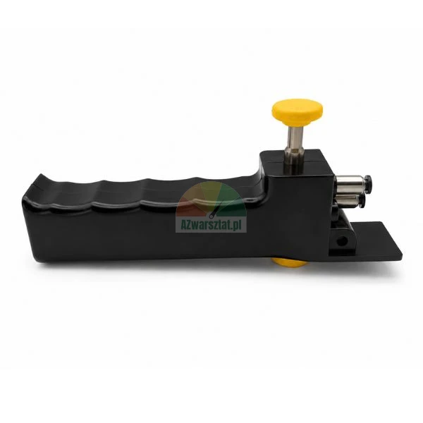 Manual edge banding trimmer with black contoured plastic handle and yellow adjustment knob on a white background.