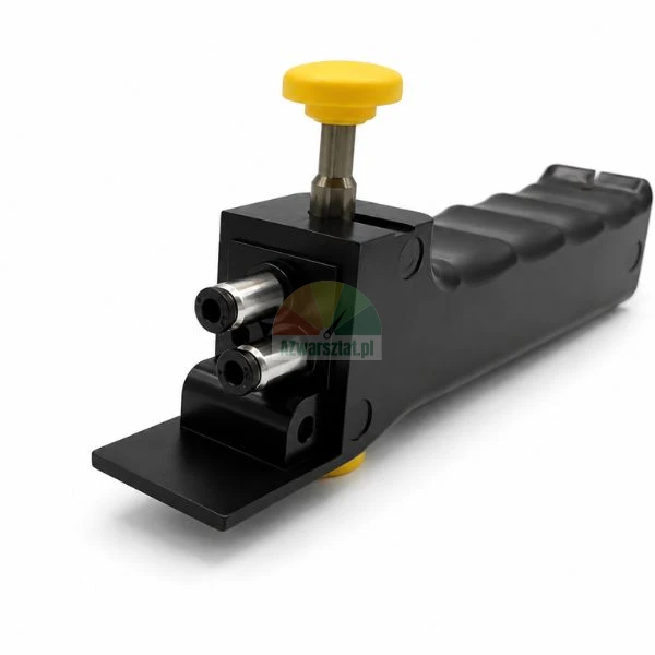 Longitudinal cable sheath cutter stripper tool with black ergonomic handle and yellow button on white background