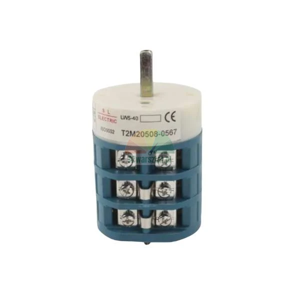 Rotary cam switch LW5-40 with screw terminals and metal shaft on a white background